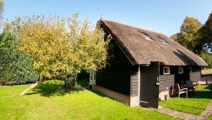 una casa negra con techo de paja y un árbol en De Violier, en Eext