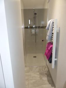 a shower with a glass door in a bathroom at Chambre d'Hôtes des Lys in Montbrison