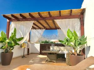eine Terrasse mit einer Pergola und einem Tisch mit Pflanzen in der Unterkunft Hostal Boutique Plaza Cantarero in Nerja