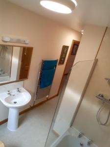 a bathroom with a sink and a shower at The Pally - behind 13 Palace Road, Kirkwall, Orkney - STL OR00122F in Kirkwall