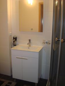 W łazience znajduje się biała umywalka i lustro. w obiekcie Gästehaus Sol Tour w mieście Ahrensfelde