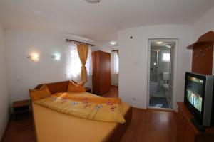 ein Wohnzimmer mit einem Bett und einem Fernseher in der Unterkunft Vila Ursu in Straja