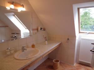 a bathroom with a sink and a mirror and a window at Landgut Oberhof in Klütz