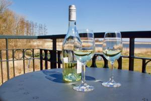 zwei Gläser Weißwein auf dem Tisch in der Unterkunft Residenz am Balmer See - BS 52 mit Wellnessbereich in Balm