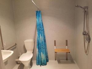 ein Bad mit einem WC und einem blauen Duschvorhang in der Unterkunft Punakaiki Rocks Hotel & Garden Bar in Punakaiki