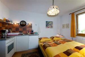 a bedroom with a bed and a kitchen with a counter at Studio in Chasa Quirin in Zernez