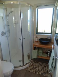 a bathroom with a shower and a toilet and a sink at Okari Cottage in Cape Foulwind