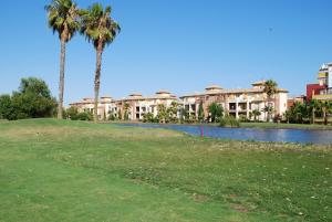 イスラ・カネラにあるLa Quinta I by Ĥのヤシの木と池のあるリゾートの景色を望めます。
