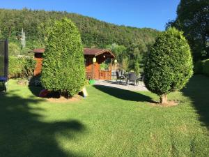 a yard with two trees in front of a cabin at Ferienwohnung Hankel in Hemfurth-Edersee