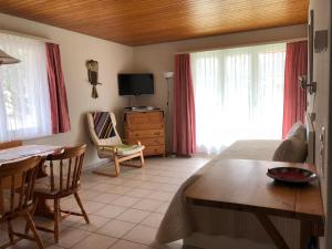 a bedroom with a bed and a table and a television at Almis Sunna in Grindelwald