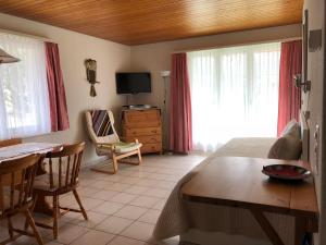een slaapkamer met een bed, een tafel en een televisie bij Almis Sunna in Grindelwald