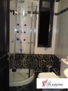 a bathroom with a shower and a toilet at Hotel Kamares in Tsepelovo