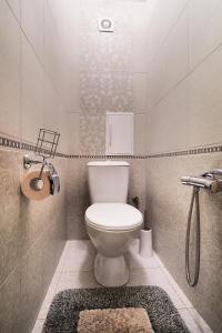 a bathroom with a white toilet and a shower at PaulMarie Apartments on Kozhara in Gomel