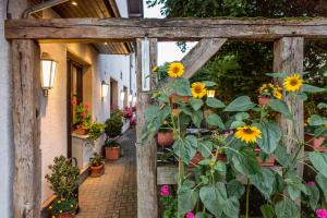 einen hölzernen Torbogen mit Sonnenblumen im Garten in der Unterkunft Gasthof im Almetal in Büren