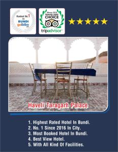 um panfleto para um restaurante com mesa e cadeiras em Haveli Taragarh Palace em Bundi