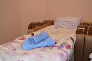 a bed with two blue towels on top of it at Пляц Пруса/Plac Prus in Lviv
