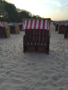 ティメンドルファー・シュトラントにあるZur kleinen Insel App.3の砂浜のビーチチェア列