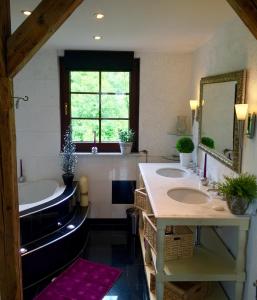 y baño con 2 lavabos, bañera y espejo. en Villa Christina en Kamp-Bornhofen