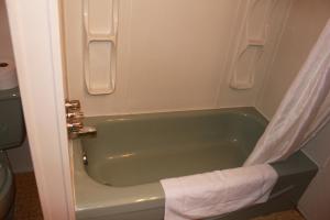 a bathroom with a green bath tub with a shower curtain at Motel Boisé in Blainville