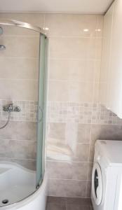 a bathroom with a shower and a tub and a toilet at Seaside apartment in Gdańsk