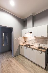 a kitchen with white cabinets and a sink at Apartamenty Eden in Ustrzyki Dolne