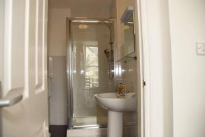 a bathroom with a shower and a sink at Harry's Hotel & Restaurant in Aberystwyth