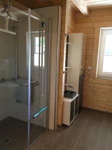 a bathroom with a shower and a sink at Ferienhaus Hankel in Hemfurth-Edersee