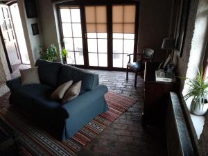 a blue couch in a living room with windows at Apartamenty Za Murem in Poznań