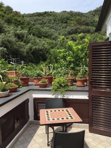 una mesa y sillas en un balcón con plantas en Affittacamere AlFrantoio, en Monterosso al Mare