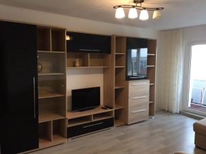 un salon avec des étagères en bois et une télévision dans l'établissement 3 rooms ApartHotel, à Braşov