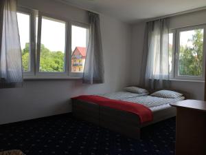 ヤストシェンビャ・グラにあるTARA Jastrzębia Góraのベッドルーム1室(ベッド1台、窓2つ付)