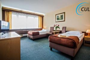 波茲南的住宿－奧林匹亞酒店，酒店客房设有两张床和电视。