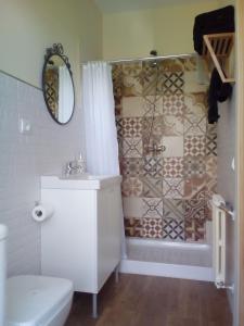 a bathroom with a shower, toilet, and sink at Casa Ribeira Sacra Portomarin in Portomarin