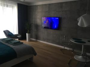 Apartment in the Gantry Hall - W19 في كراكوف: غرفة نوم مع سرير وتلفزيون على الحائط