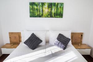 uma cama com duas almofadas e um quadro na parede em Apartment's Tea & Nevio em Split