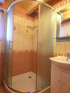 a bathroom with a shower and a sink at Góralska Chata in Kościelisko