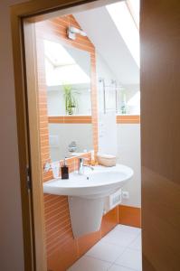 een badkamer met een wastafel en een spiegel bij Penzion Krásný sklep in Znojmo