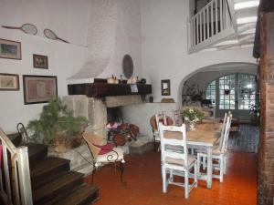 a living room with a table and a fireplace at Mas Les Micocouliers in Saint-Christol-lès-Alès
