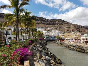a river with palm trees and a town in the background at Paraiso Puerto de Mogan in Puerto de Mogán