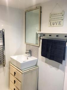 a bathroom with a sink and a mirror at Garden Apartment in Grange Over Sands
