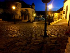 une rue pavée vide la nuit avec des lumières dans l'établissement MonAmi Art Apartman, à Vác