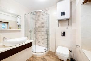 a bathroom with a shower and a toilet and a sink at Apartments Palace Rialto in Šibenik