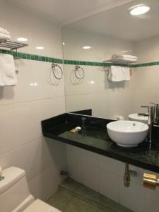 a bathroom with a sink, toilet and shower stall at Hotel Montecarlo Santiago in Santiago