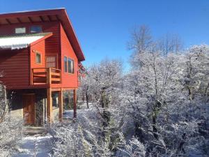 a red cabin in the woods with snow covered trees at Cabañas Las Cabras in Las Trancas