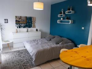 モンタルジにあるOlivier et Céciliaの青い壁のベッドルーム1室(ベッド1台付)