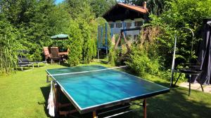 un tavolo da ping pong in un giardino con tavolo di Zum Alten Forsthaus a Reit im Winkl