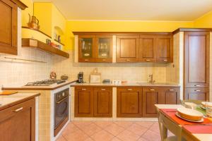 トスコラーノ・マデルノにあるOmas Hausの黄色の壁の広いキッチン(木製キャビネット付)