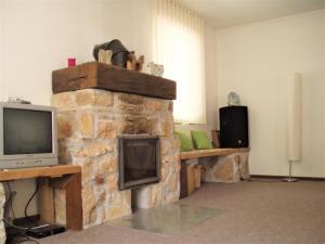 sala de estar con chimenea de piedra y TV en Magdolna Ház, en Szögliget