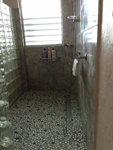 y baño con ducha y suelo de baldosa. en El Yunque Rainforest Inn en Río Grande