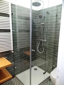 a shower with a glass door in a bathroom at Casa Familiar do Porto in Porto